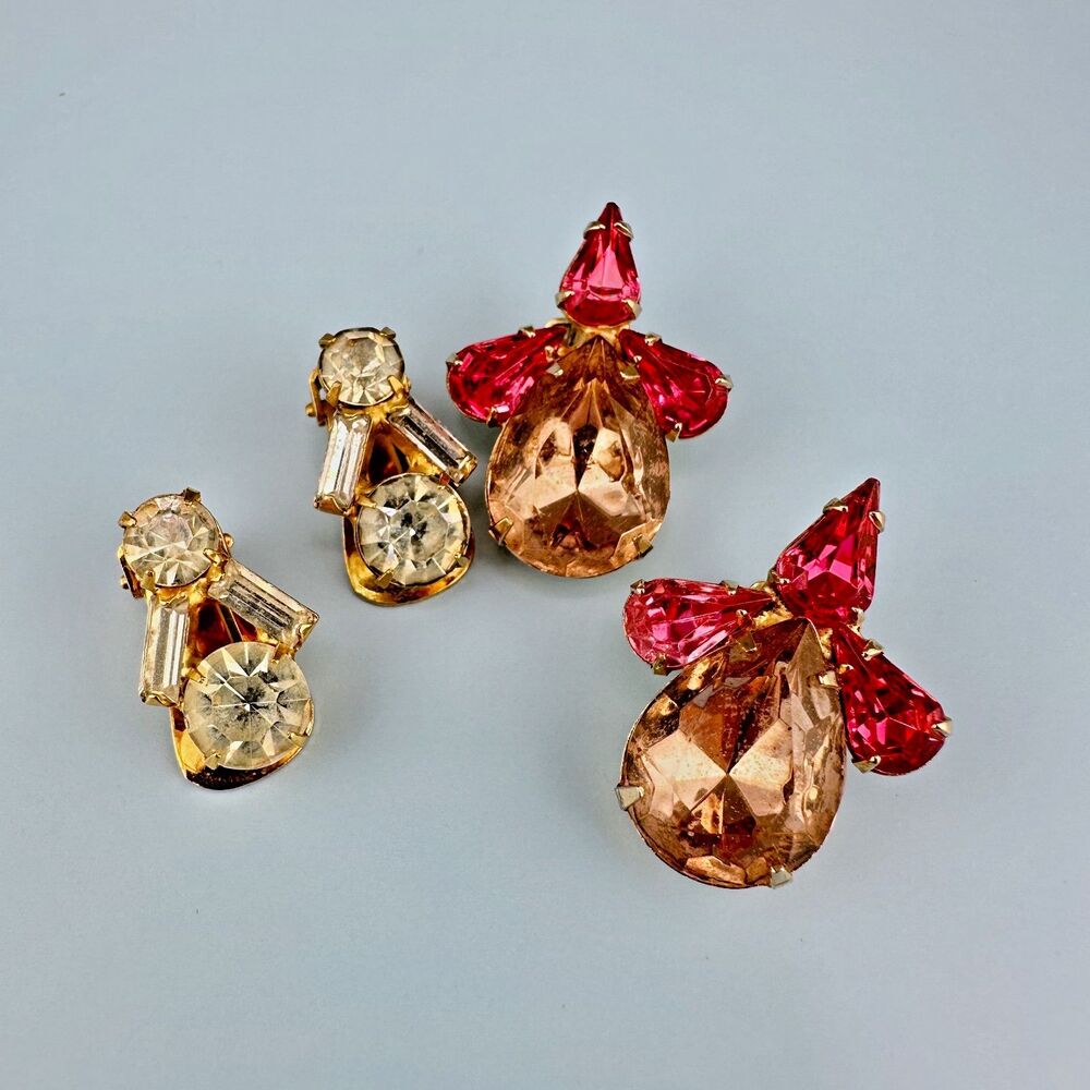 Vintage Rhinestone Earrings Lot Gold Tone Shades of Pink Pear Shape Clear Flower
